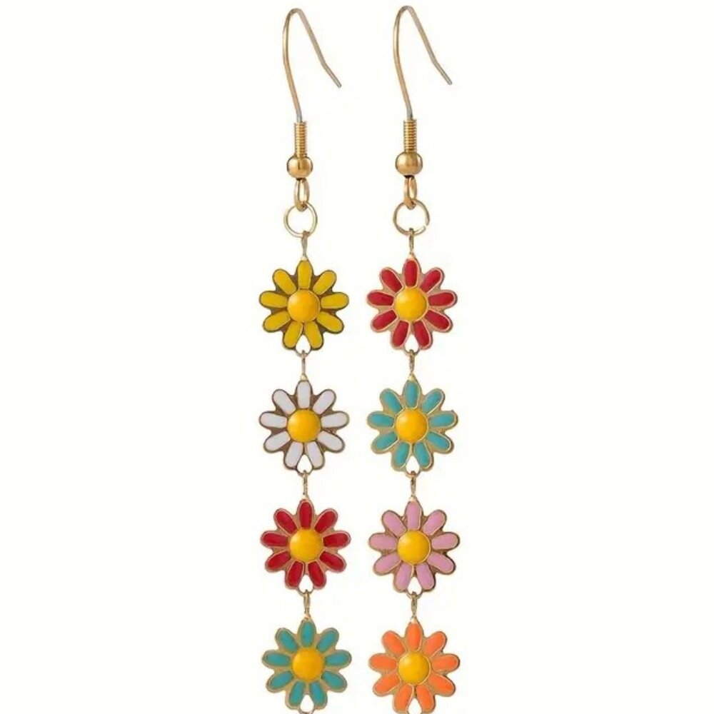 Earrings Flower Enamel Dangle Simple Boho Drop Colorful Retro Fun Trendy Stylish